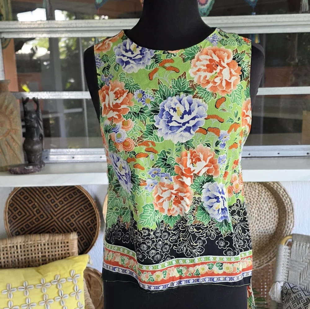 Reformation OS Sheer Hi-lo Tank Top Resortwear Green Orange Floral Bohochic